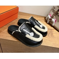 Sumptuous Hermes Go Flat Loafers in Calfskin Leather and Wool with H Strap Black 1023016