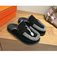 Perfect Hermes Go Flat Loafers in Suede and Wool with H Strap Black 1023017