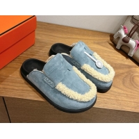 Sophisticated Hermes Go Flat Loafers in Suede and Wool with H Strap Blue 1023018