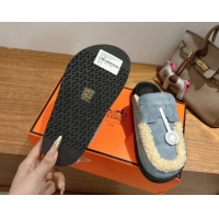 Sophisticated Hermes Go Flat Loafers in Suede and Wool with H Strap Blue 1023018