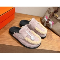 Duplicate Hermes Go Flat Loafers in Suede and Wool with H Strap Purple 1023019