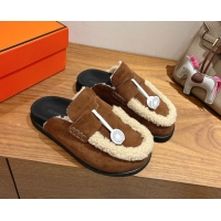 Grade Quality Hermes Go Flat Loafers in Suede and Wool with H Strap Dark Brown 1023020