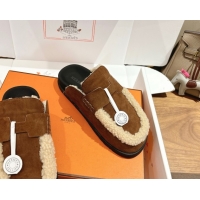 Grade Quality Hermes Go Flat Loafers in Suede and Wool with H Strap Dark Brown 1023020