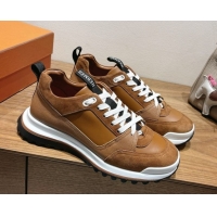 Top Grade Hermes Leader Sneakers in Suede and Calfskin Leather Tan Brown 1023037