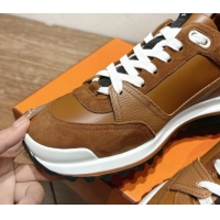 Top Grade Hermes Leader Sneakers in Suede and Calfskin Leather Tan Brown 1023037