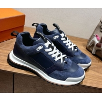 Perfect Hermes Leader Sneakers in Suede and Calfskin Leather Dark Blue 1023038
