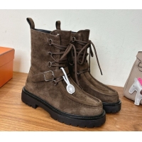 Modern Hermes Land Biker Laced-up Ankle Boots in Suede with Buckle Strap Dark Brown 1023042