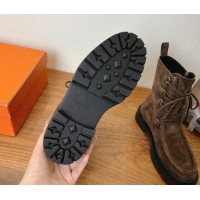 Modern Hermes Land Biker Laced-up Ankle Boots in Suede with Buckle Strap Dark Brown 1023042