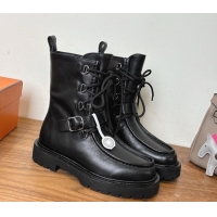 Sophisticated Hermes Land Biker Laced-up Ankle Boots in Calfskin Leather with Buckle Strap Black 1023043