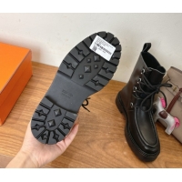 Sophisticated Hermes Land Biker Laced-up Ankle Boots in Calfskin Leather with Buckle Strap Black 1023043