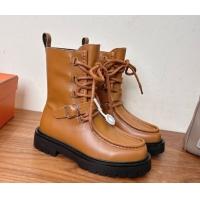Grade Quality Hermes Land Biker Laced-up Ankle Boots in Calfskin Leather with Buckle Strap Brown 1023045