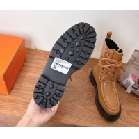 Grade Quality Hermes Land Biker Laced-up Ankle Boots in Calfskin Leather with Buckle Strap Brown 1023045