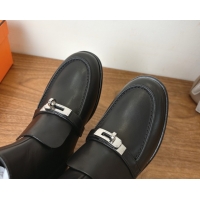 Luxury Hermes Kelsy Flat Ankle Boots in Calfskin Leather with Kelly Buckle Strap Black 1023048