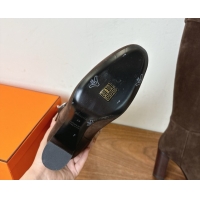 Good Quality Hermes Heel High Boots 9.5cm in Suede with Kelly Buckle Strap Dark Brown 1023052