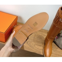 Good Quality Hermes Jumping High Flat Boots in Calfskin Leather with Kelly Strap and Cutout Tan Brown 1023058