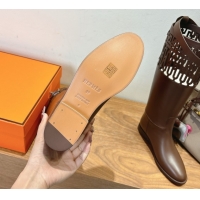 Good Looking Hermes Jumping High Flat Boots in Calfskin Leather with Kelly Strap and Cutout Dark Brown 1023059