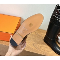 Pretty Style Hermes Jumping High Flat Boots in Calfskin Leather with Kelly Strap and Cutout Black 1023060