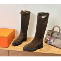 Best Grade Hermes High Platform Boots in Suede with Kelly Strap Dark Brown 2025 H102301 1023063