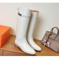 Good Quality Hermes Jumping High Flat Boots in Calfskin Leather with Kelly Buckle Strap White H102302 1023077