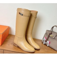Stylish Hermes Jumping High Flat Boots in Calfskin Leather with Kelly Buckle Strap Beige H102302 1023078