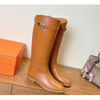 Top Design Hermes Jumping High Flat Boots in Calfskin Leather with Kelly Buckle Strap Brown2 H102302 1023079
