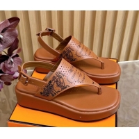 Cheap Price Hermes Printed Calfskin Leather Platform Thong Sandals Brown H102304 1023080