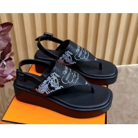 Good Looking Hermes Printed Calfskin Leather Platform Thong Sandals Black H102304 1023081