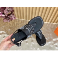 Good Looking Hermes Printed Calfskin Leather Platform Thong Sandals Black H102304 1023081