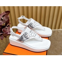 Shop Duplicate Hermes Printed Calfskin Leather Platform Thong Sandals White H102304 1023082