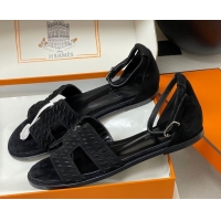 Top Grade Hermes Santorini Flat Sandals in Braided Suede Black 1023083