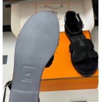 Top Grade Hermes Santorini Flat Sandals in Braided Suede Black 1023083