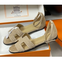 Best Product Hermes Santorini Flat Sandals in Braided Suede Beige 1023084