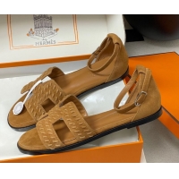 Luxurious Hermes Santorini Flat Sandals in Braided Suede Brown 1023085