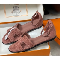 Most Popular Hermes Santorini Flat Sandals in Braided Suede Pink 1023086