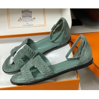 Pretty Style Hermes Santorini Flat Sandals in Braided Suede Green 1023087