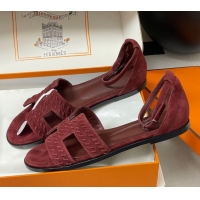 Durable Hermes Santorini Flat Sandals in Braided Suede Burgundy 1023088