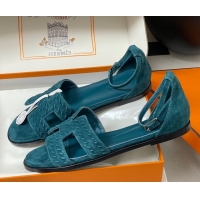 Duplicate Hermes Santorini Flat Sandals in Braided Suede Blue 1023089