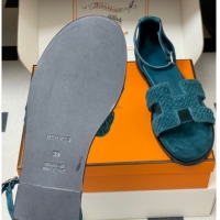 Duplicate Hermes Santorini Flat Sandals in Braided Suede Blue 1023089