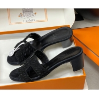 Good Looking Hermes Classic Oasis Heel Slides Sandal 4.5cm in Braided Suede Black 1023090