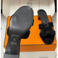 Good Looking Hermes Classic Oasis Heel Slides Sandal 4.5cm in Braided Suede Black 1023090