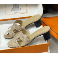 Good Quality Hermes Classic Oasis Heel Slides Sandal 4.5cm in Braided Suede Beige 1023091