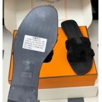 Charming Hermes Classic Oran Flat Slides Sandal in Braided Suede Black 1023097