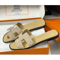 Unique Style Hermes Classic Oran Flat Slides Sandal in Braided Suede Beige 1023098