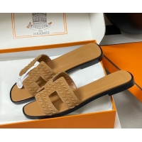 Best Grade Hermes Classic Oran Flat Slides Sandal in Braided Suede Brown 1023099