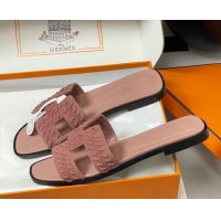 Luxurious Hermes Classic Oran Flat Slides Sandal in Braided Suede Pink 1023100