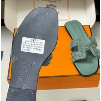 Cheap Price Hermes Classic Oran Flat Slides Sandal in Braided Suede Green 1023101