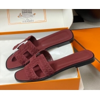 Charming Hermes Classic Oran Flat Slides Sandal in Braided Suede Burgundy 1023102
