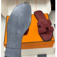 Charming Hermes Classic Oran Flat Slides Sandal in Braided Suede Burgundy 1023102