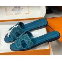 Hot Style Hermes Classic Oran Flat Slides Sandal in Braided Suede Blue 1023103