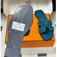 Hot Style Hermes Classic Oran Flat Slides Sandal in Braided Suede Blue 1023103